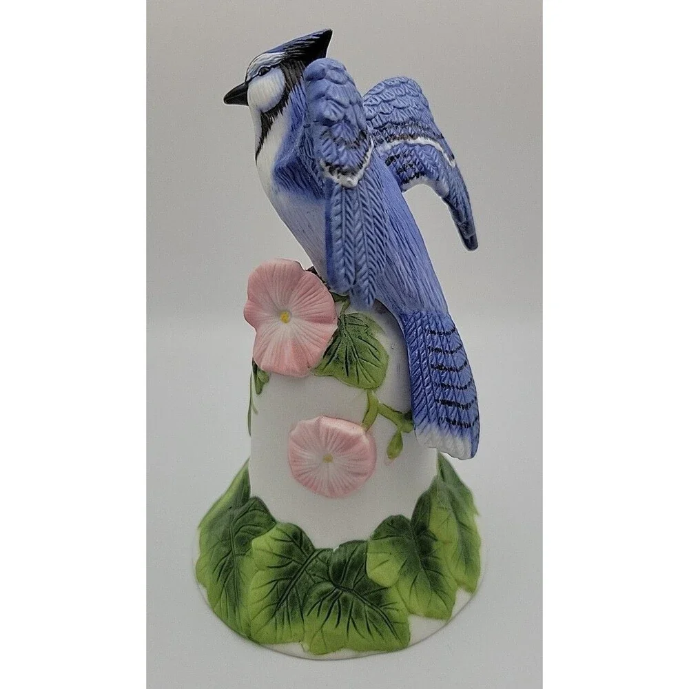 Vintage AVON Ceramic Porcelain Blue Jay & Flowers Bell 2001 EUC